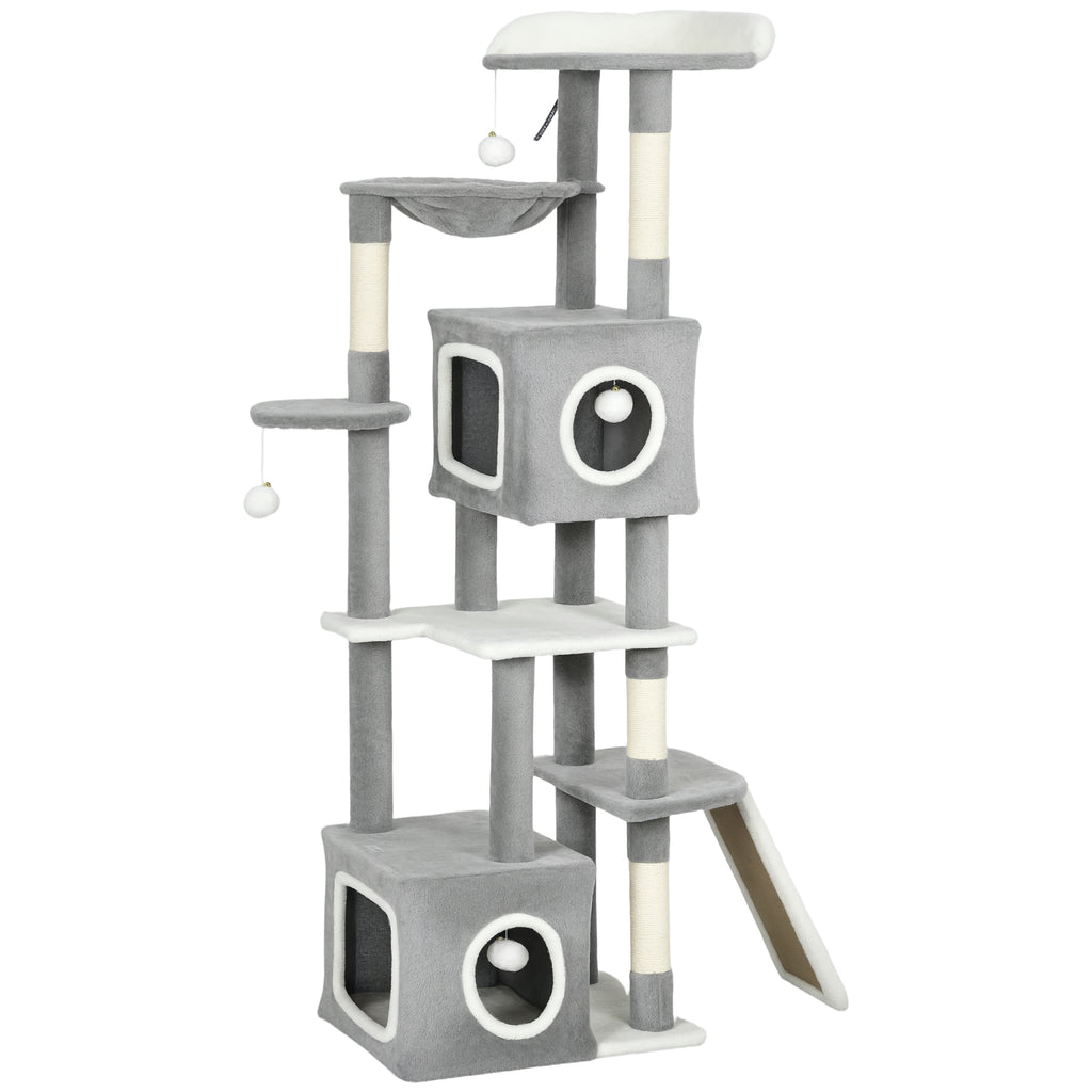 Cat Tree with 2 Cat Houses, Ramp, Perches and 4 Balls, 48x40x165 cm, Grey and White