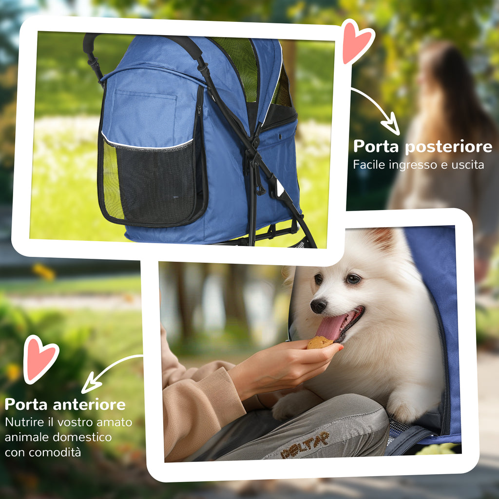 Dog Stroller with Basket, Cushion and 2 Leashes, in Steel and Oxford Fabric, 81x48x99 cm, Black and Dark Blue