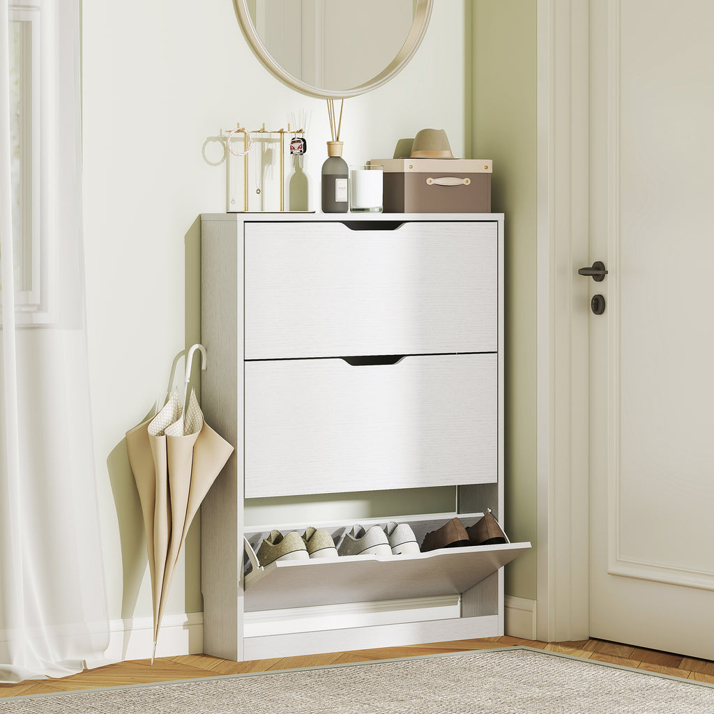 Slim Shoe Rack with 3 Folding Drawers and Bottom Cutout, Wooden, 80x17x108 cm, White