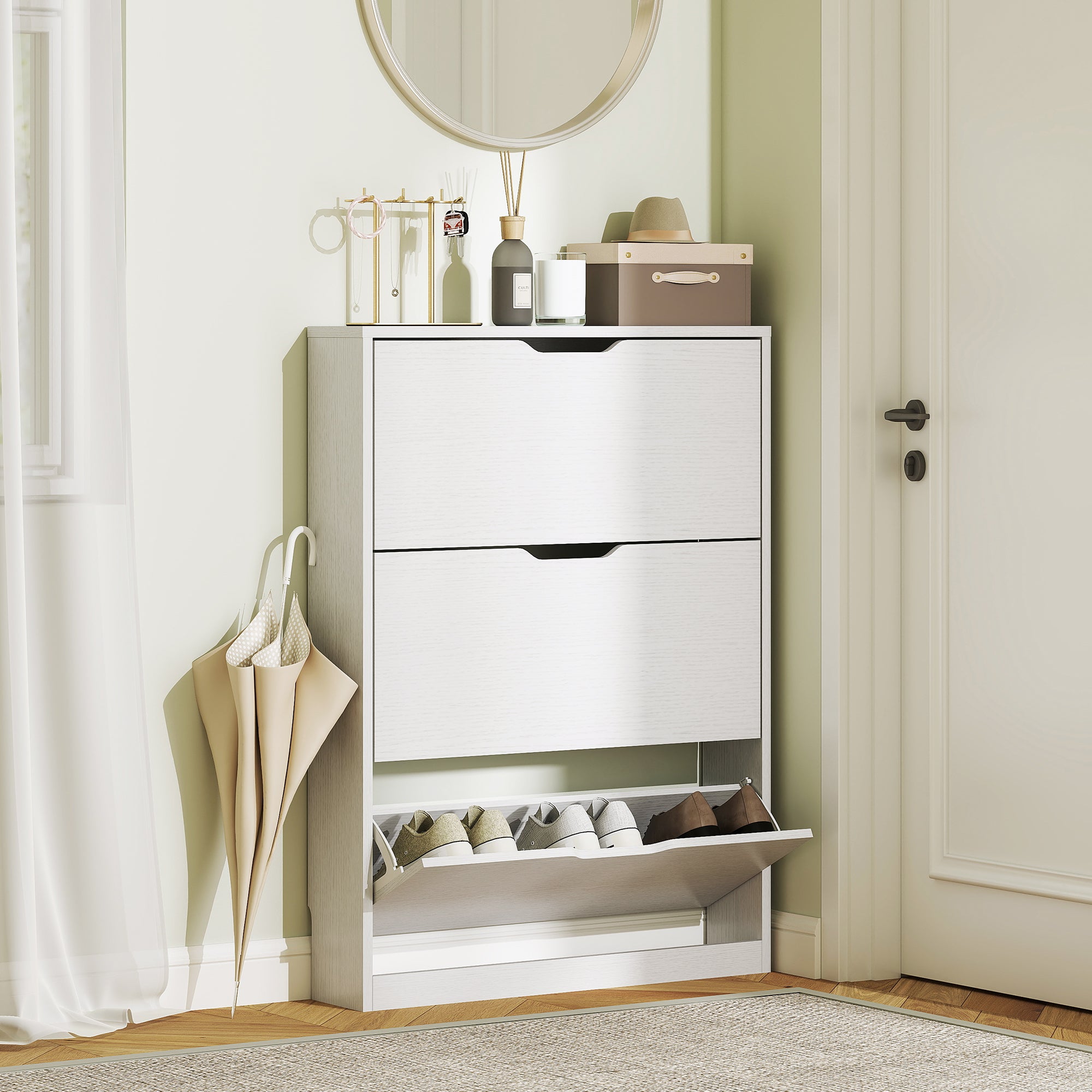 Slim Shoe Rack with 3 Folding Drawers and Bottom Cutout, Wooden, 80x17x108 cm, White