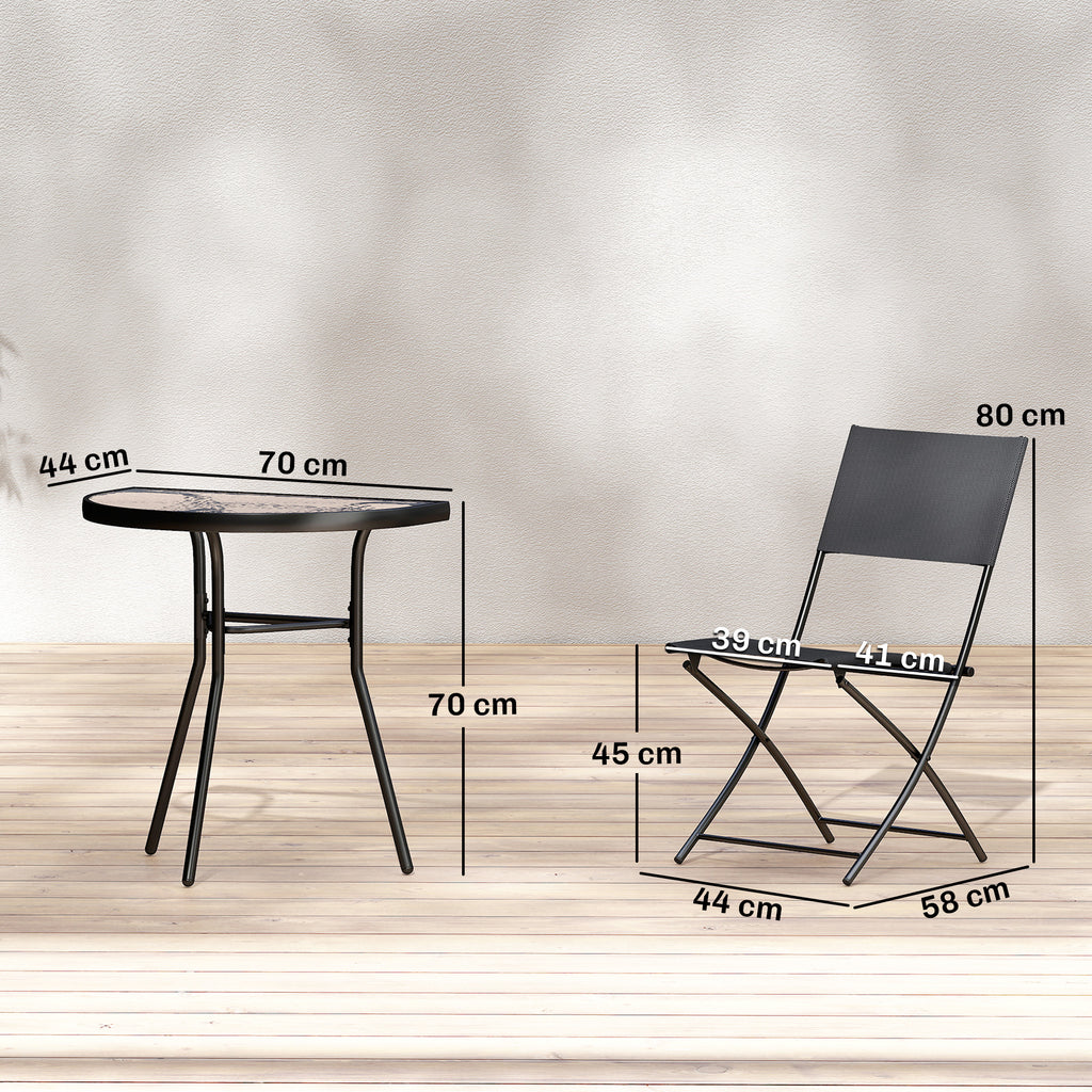 Outsunny 3-Piece Bistro Set with 2 Texteline Chairs, Semi-Circular Tempered Glass Table, Black