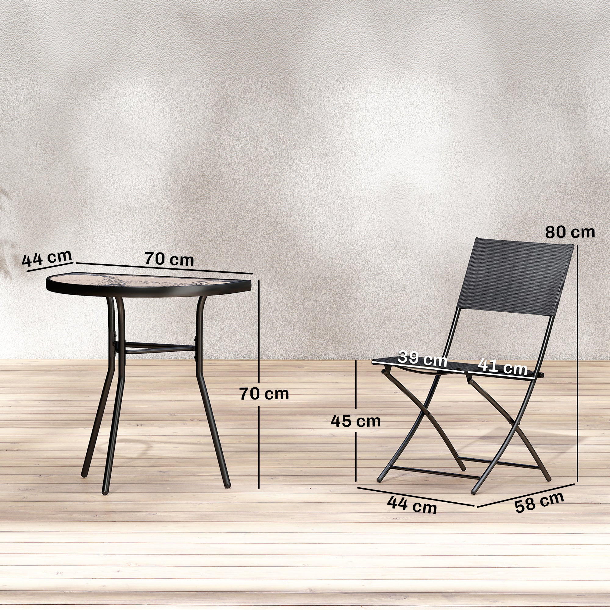 Outsunny 3-Piece Bistro Set with 2 Texteline Chairs, Semi-Circular Tempered Glass Table, Black