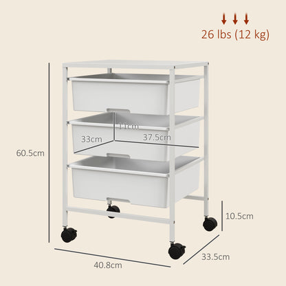 HOMCOM Multipurpose Trolley with 3 Removable Baskets and Wheels for Kitchen and Office in Steel and PP, White