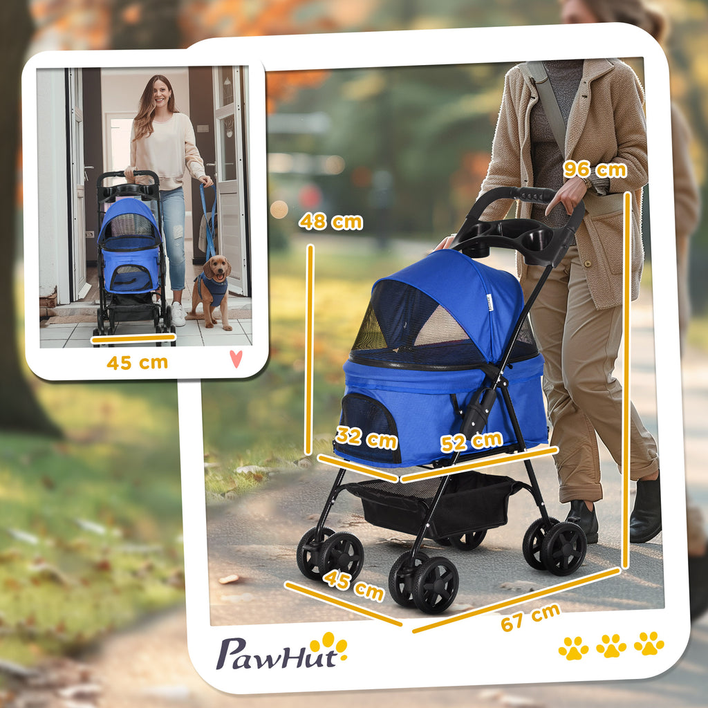 Folding Dog Stroller with Safety Leash and Storage Basket, Blue
