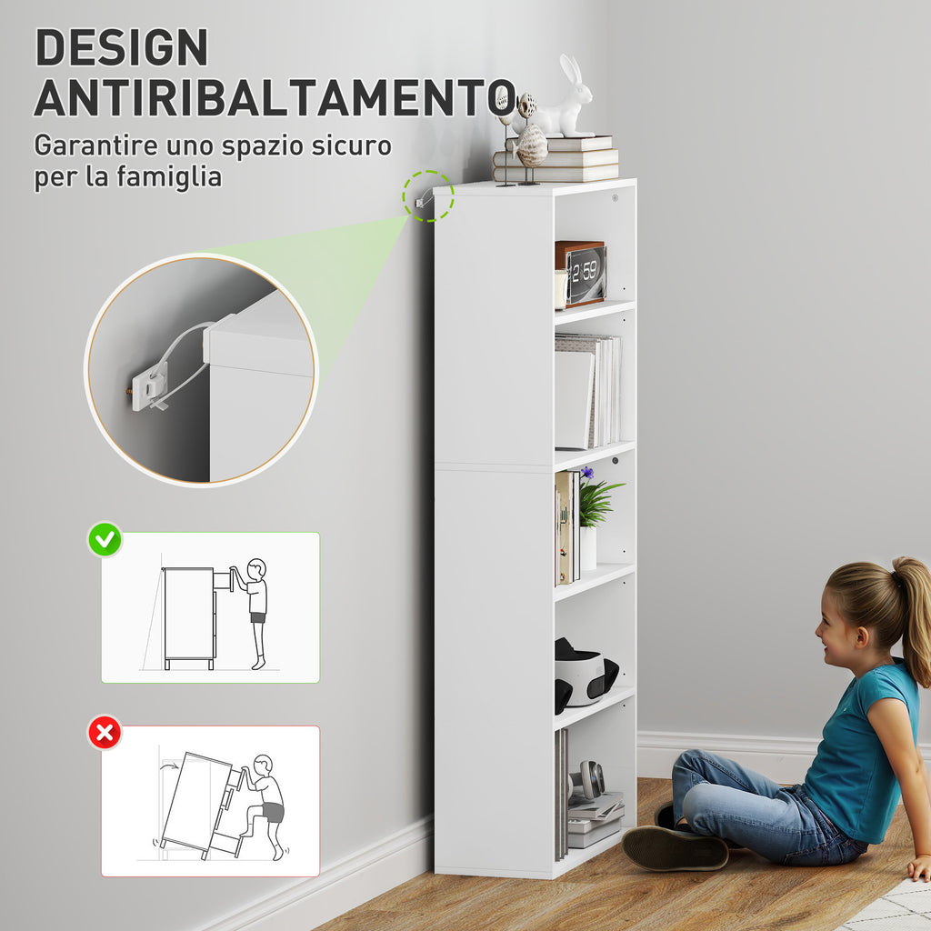 5-Shelf Bookcase Cabinet with 3 Flexible Shelves, in Wood, 60x24x133.5 cm, White