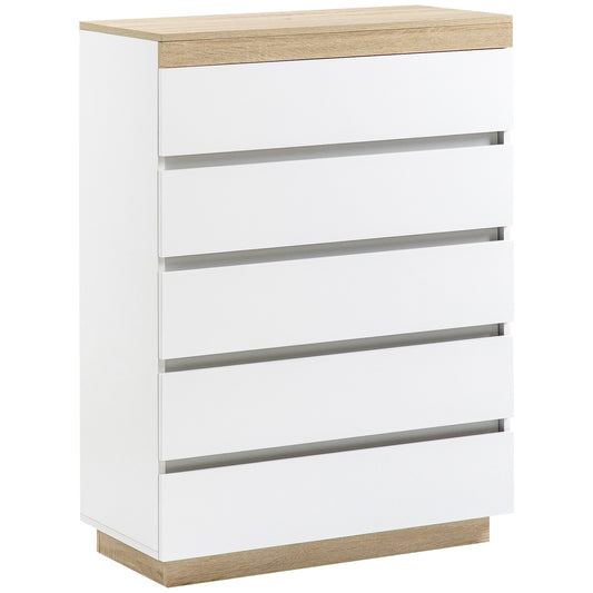 Minimal 5 Drawer Chest of Drawers in Wood, 80x40x109 cm, White and Oak Color