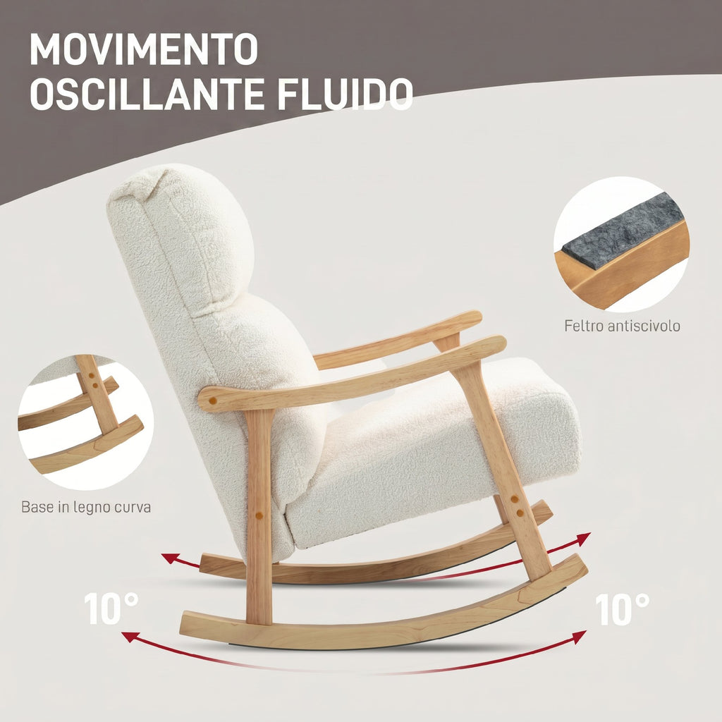 HOMCOM Teddy Velvet Upholstered Rocking Chair, Ergonomic Backrest, Rubber Wood Legs, Cream