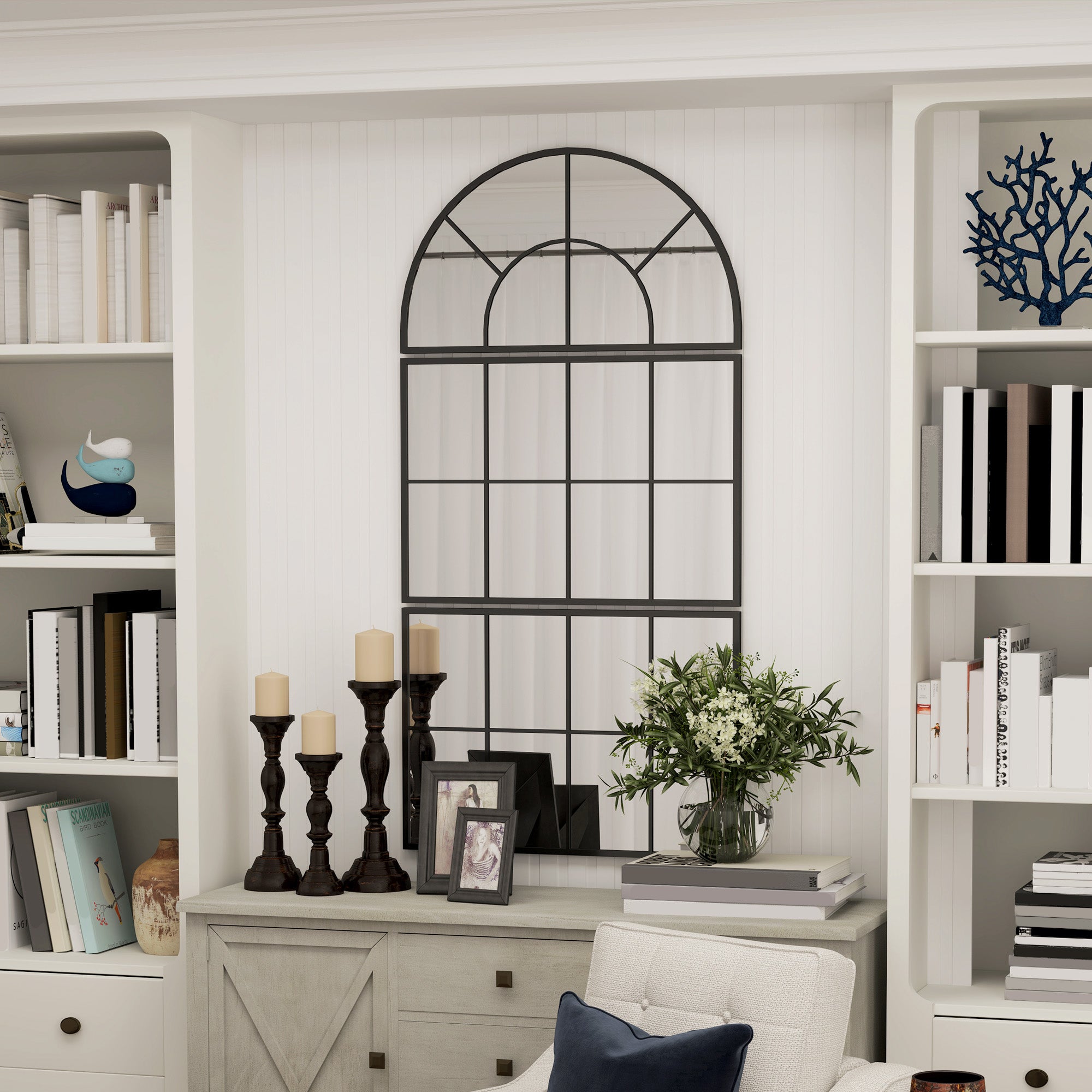 Arched Window Style Wall Mirror for Bedroom and Entrance, 76x43cm, Black