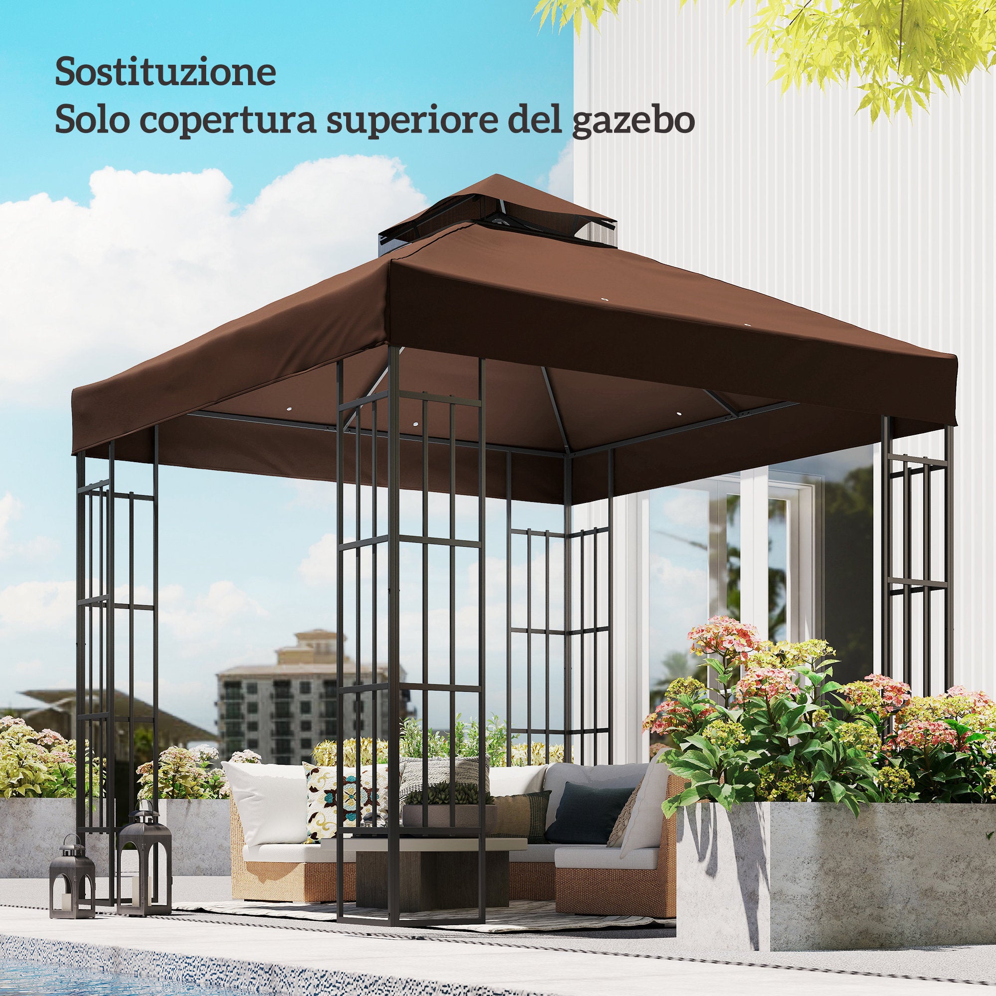 Outsunny 3x3m UPF30+ 2-Tier Coffee Polyester Garden Gazebo Cover