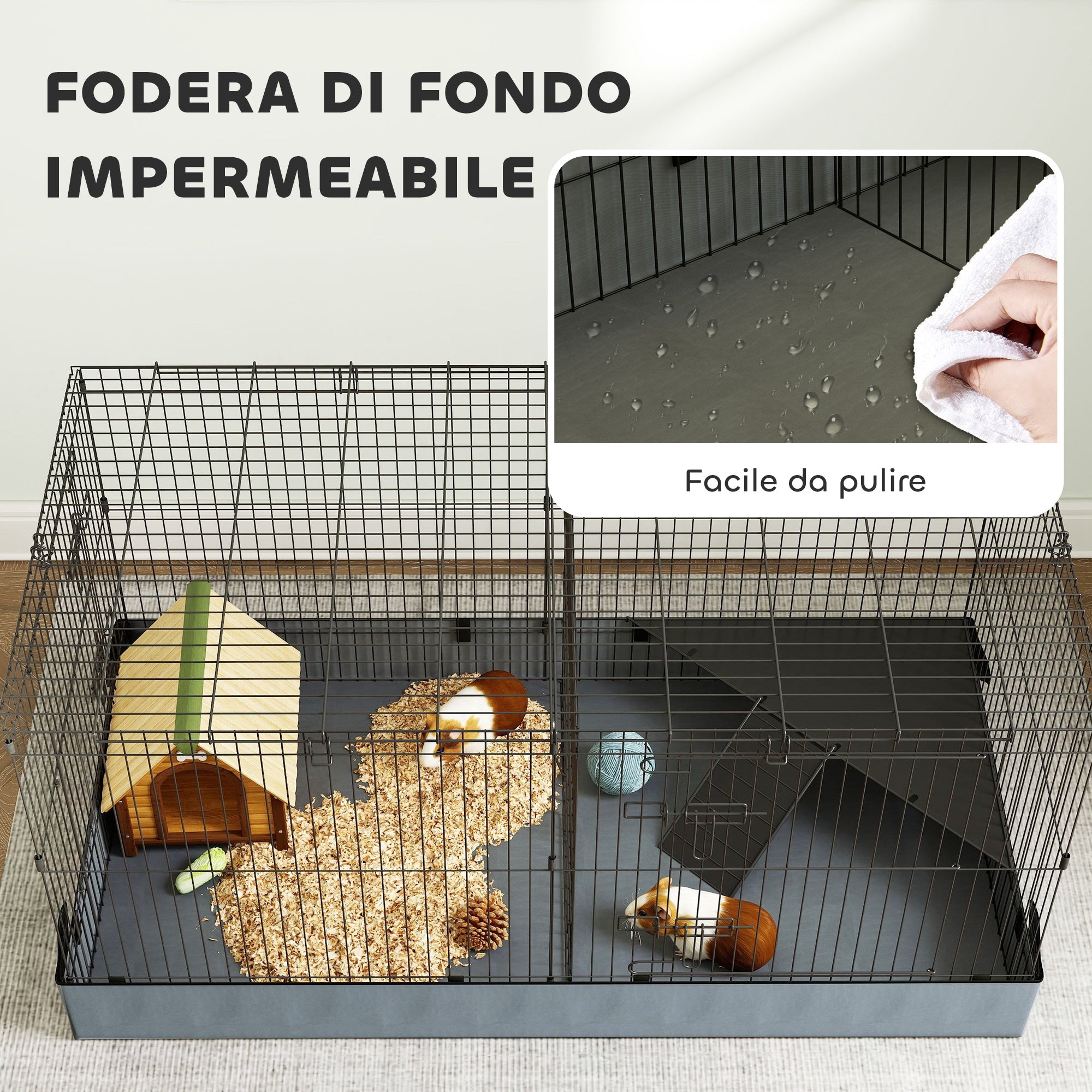 2 in 1 Small Animal Cage, Removable Lid and Separate Sections, 121x61x61 cm, Black
