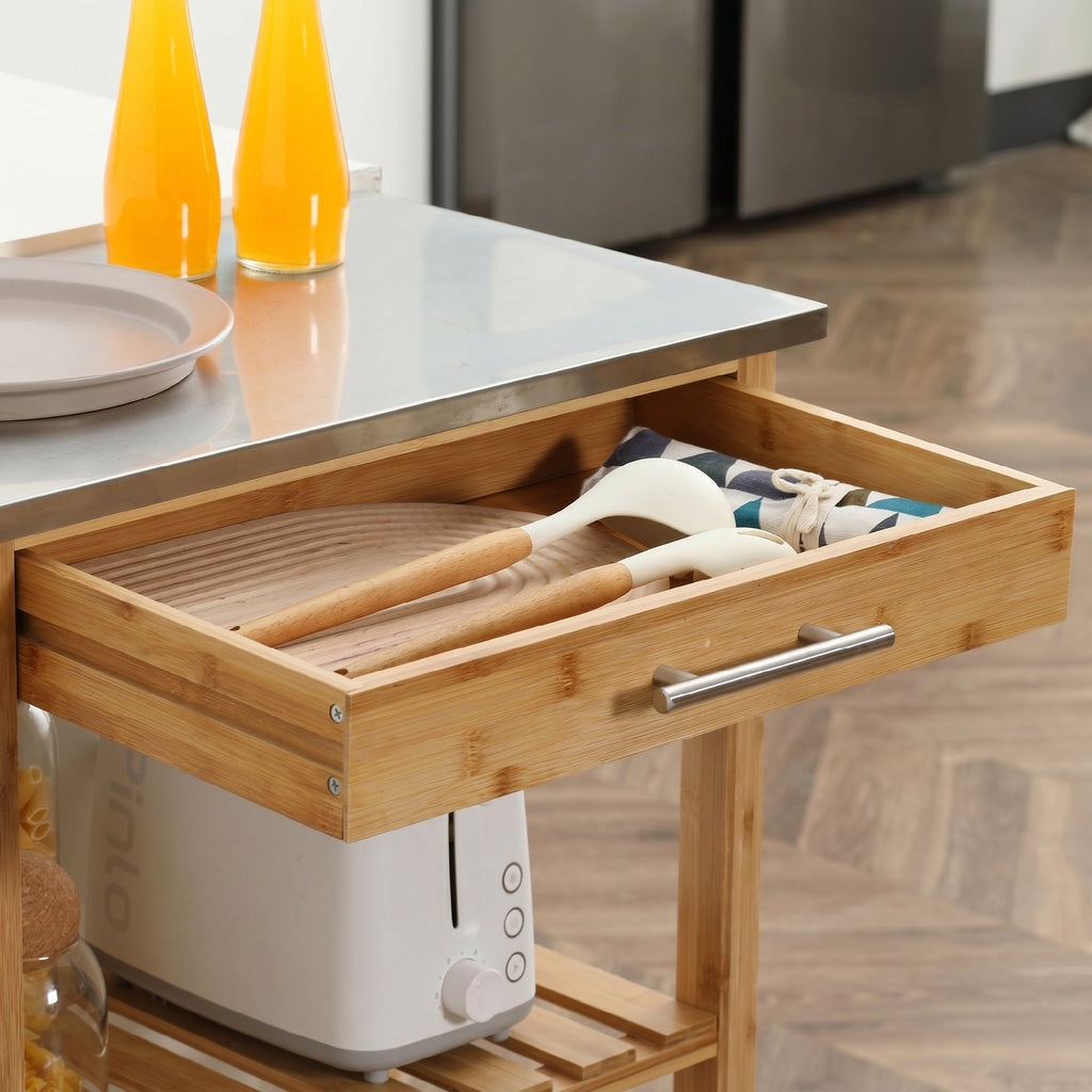 HOMCOM Bamboo Kitchen Cart with Stainless Steel Top, Drawer and Slatted Shelves, Wood