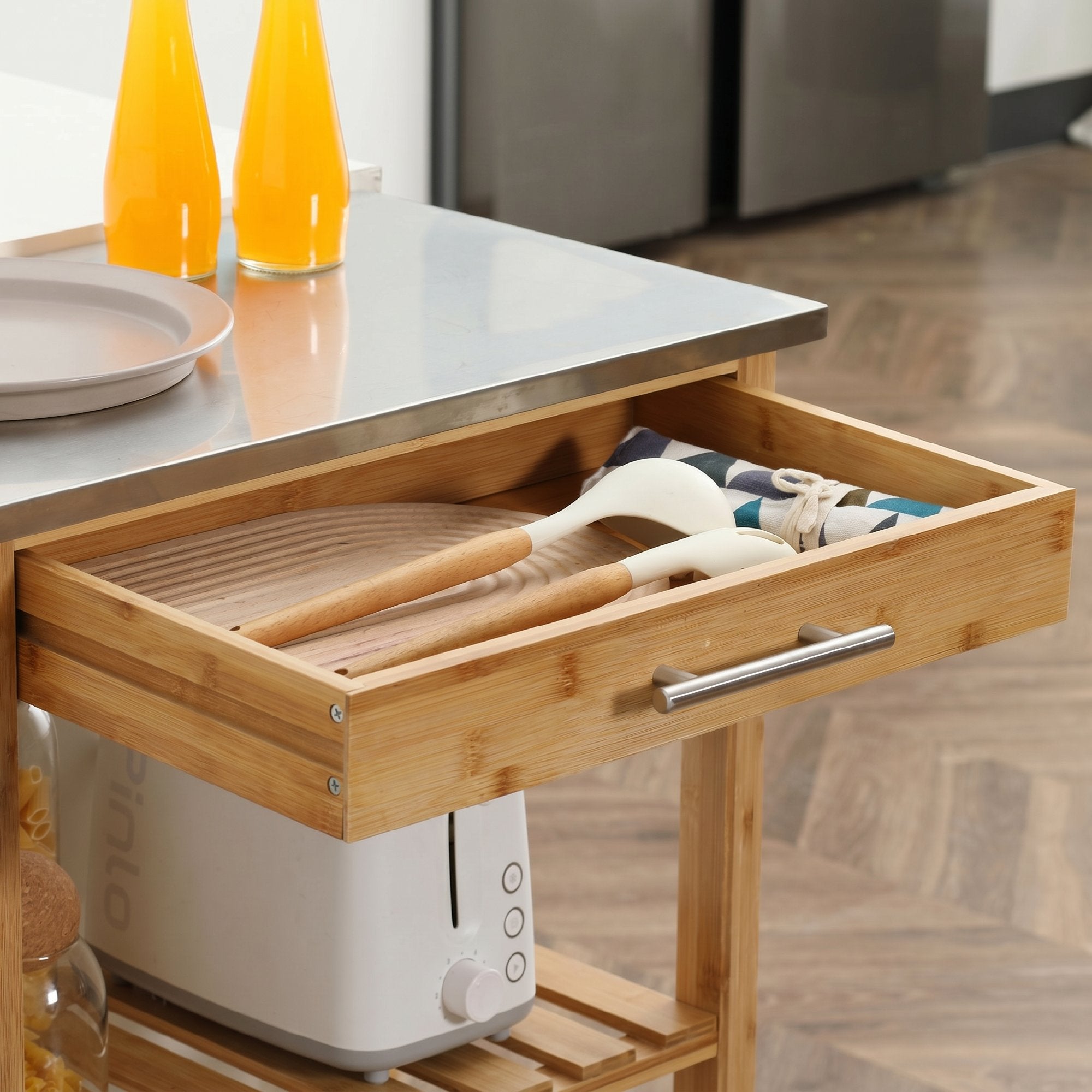 HOMCOM Bamboo Kitchen Cart with Stainless Steel Top, Drawer and Slatted Shelves, Wood