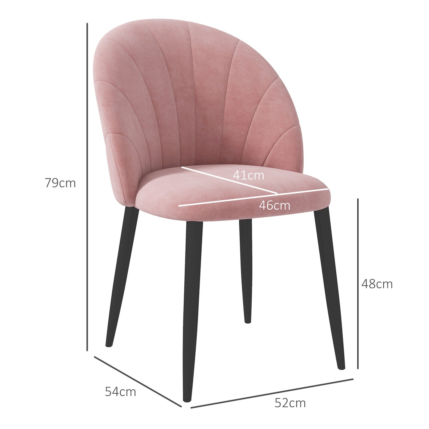 HOMCOM Set of 2 Nordic Style Padded Dining Chairs in Metal and Velvet, 52x54x79cm, Pink