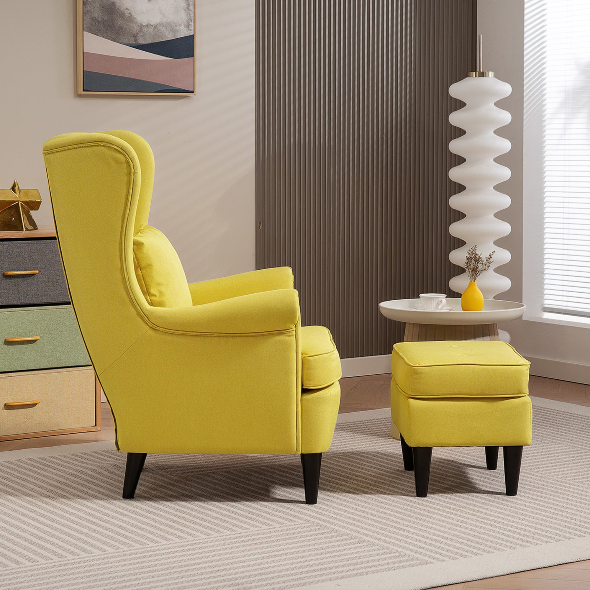 Contemporary Style Armchair with Footstool, in Linen Effect Fabric and Rubber Wood, 75x83x104 cm, Yellow