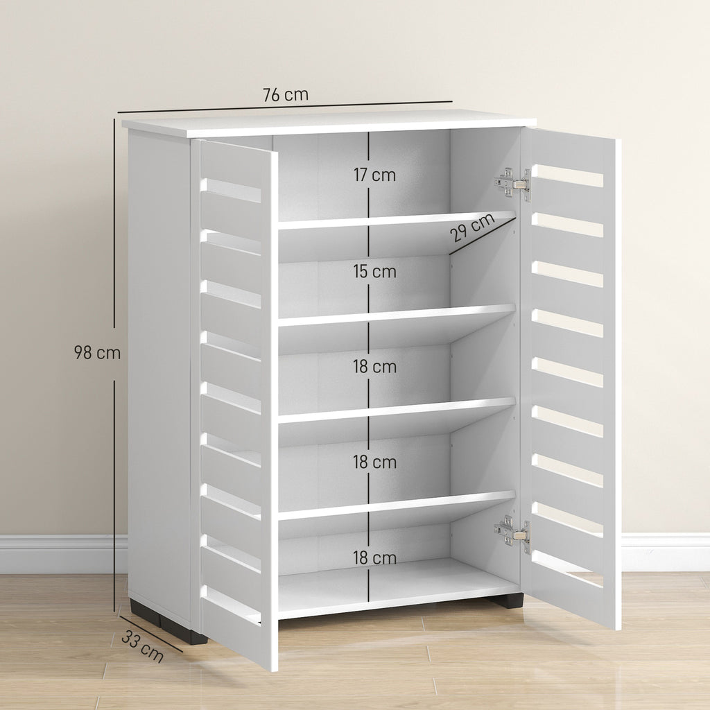 5-Tier Shoe Rack with 4 Adjustable Shelves and Slatted Doors, Wooden, 76x33Dx98 cm, White
