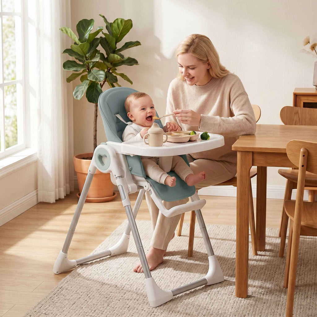 AIYAPLAY Folding High Chair for Babies 6-36 Months, Adjustable Height, Double Washable Tray and Wheels, Green