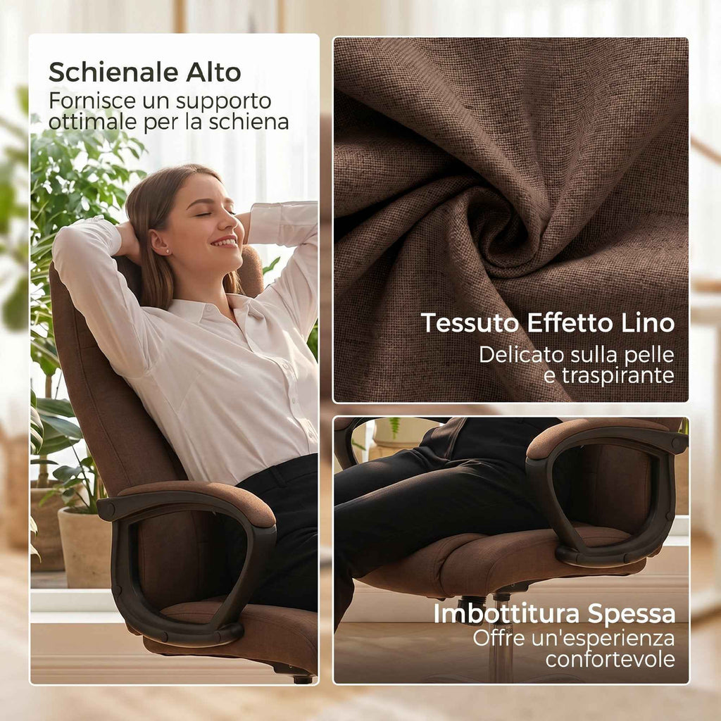 Vinsetto Ergonomic Reclining and Swivel Office Chair in Linen Effect Fabric with Headrest, Brown