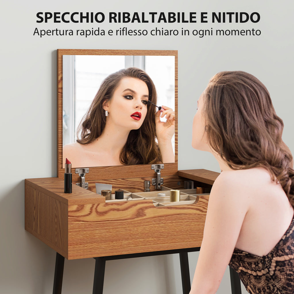 Industrial Style Vanity Table with Folding Mirror and 16 Compartments, Wood and Steel, 60x40x90 cm