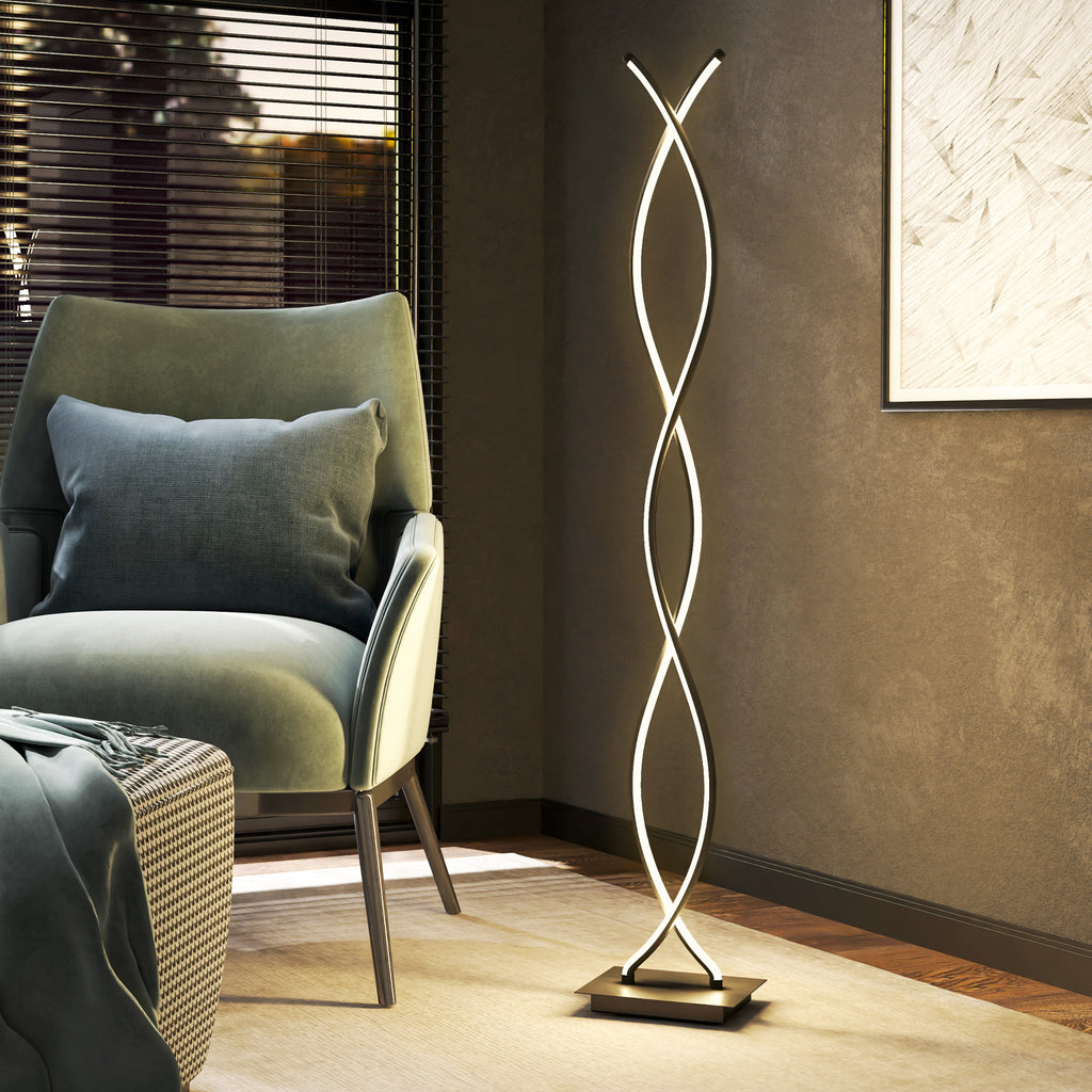 HOMCOM Double Spiral LED Floor Lamp, Living Room Lamp with Adjustable Brightness, Foot Switch, Black