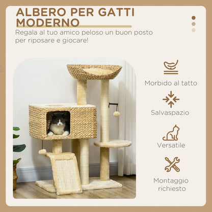 Cat Scratching Tree with House, Perch and Ball, Made of Wood and Polyester, 60x40x95 cm, Brown and Beige