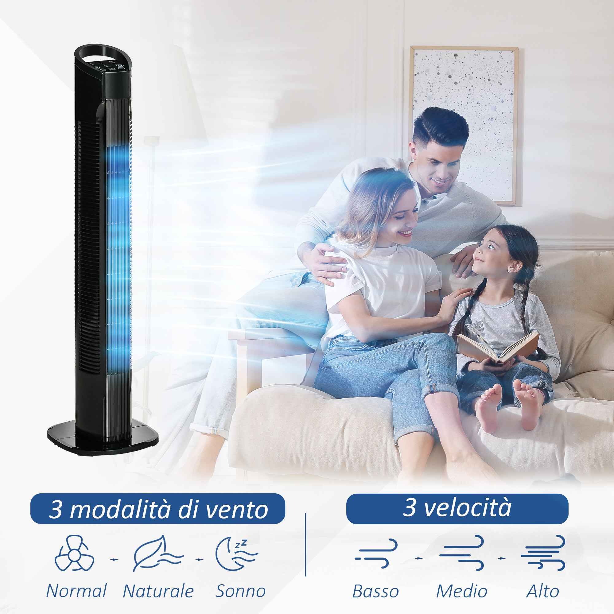 HOMCOM Tower Fan with 5m Remote Control, 70° Oscillation, 3 Functions and 3 Speeds, Black
