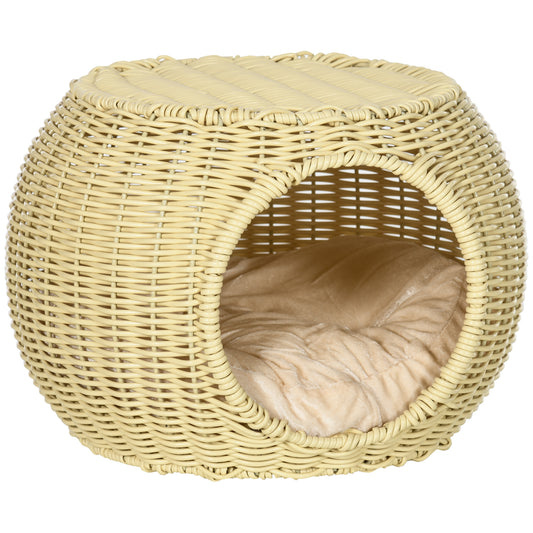 Pawhut 2-Level Cat House in PE Rattan with Washable Cushion, Ø40x30 cm, Beige - Borgè