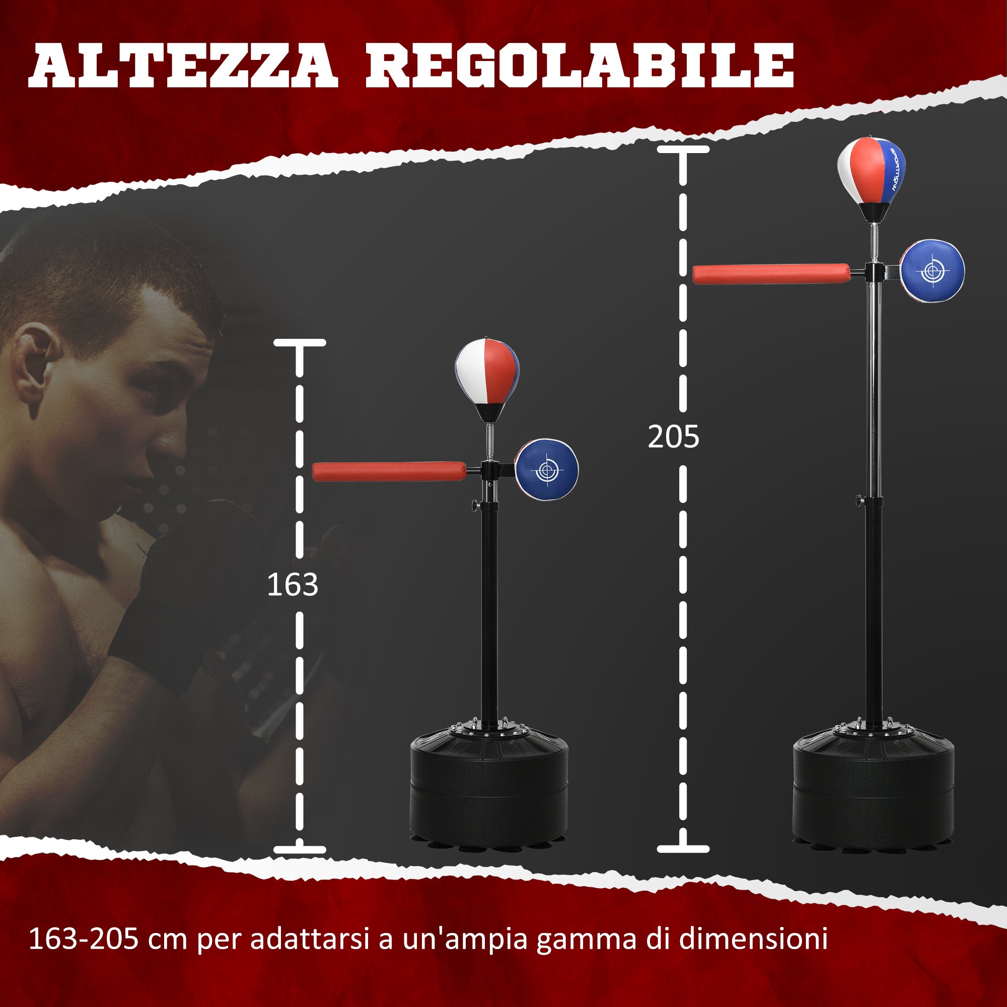 Free Standing Punching Bag with Rotating Bar, Speedball and Punch Pad, Made of Steel, HDPE and PU, 80.5x48x163-205 cm