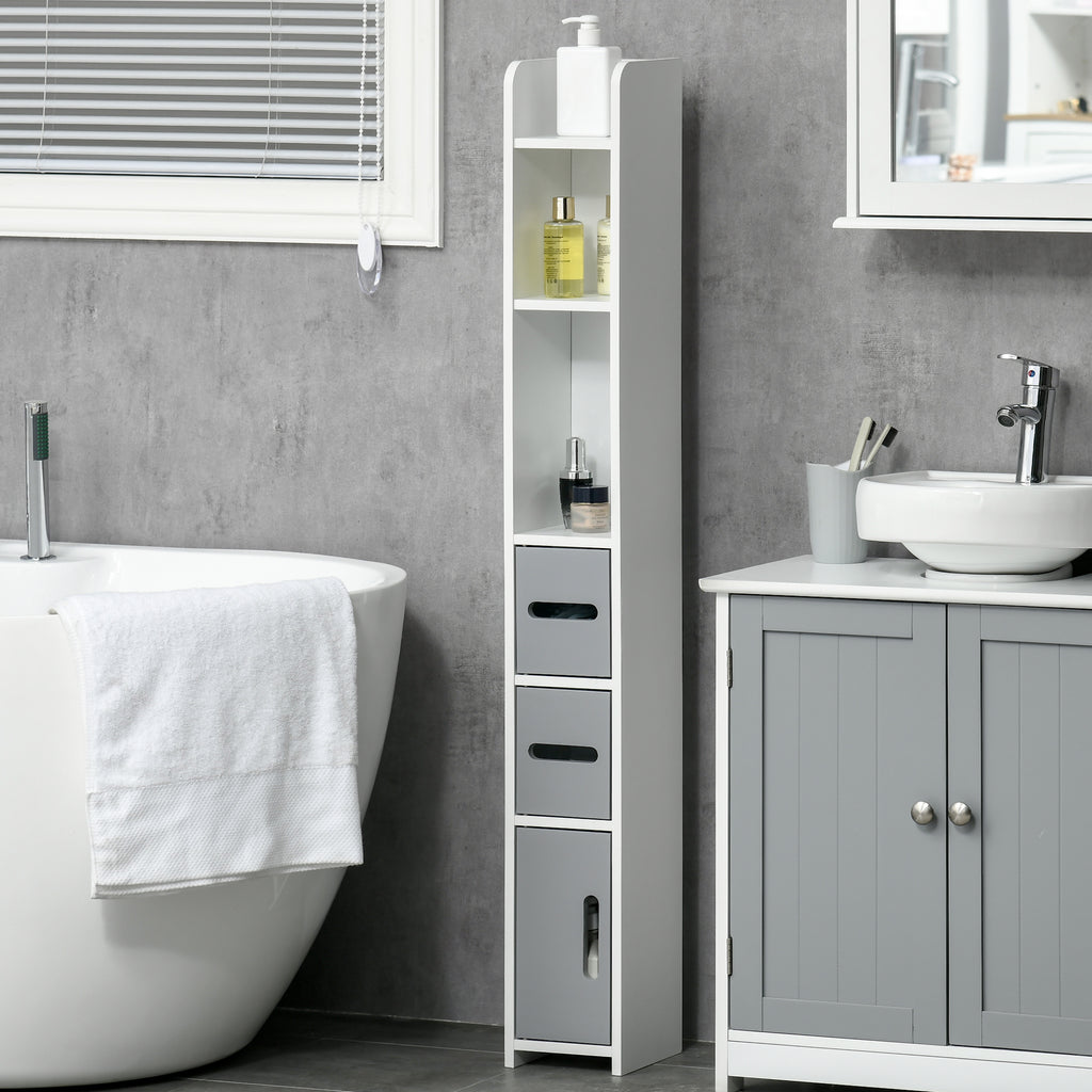 kleankin Bathroom Column with Shelves and Cabinets, Space-Saving Tall Wooden Cabinet 15x17x120cm, White and Grey