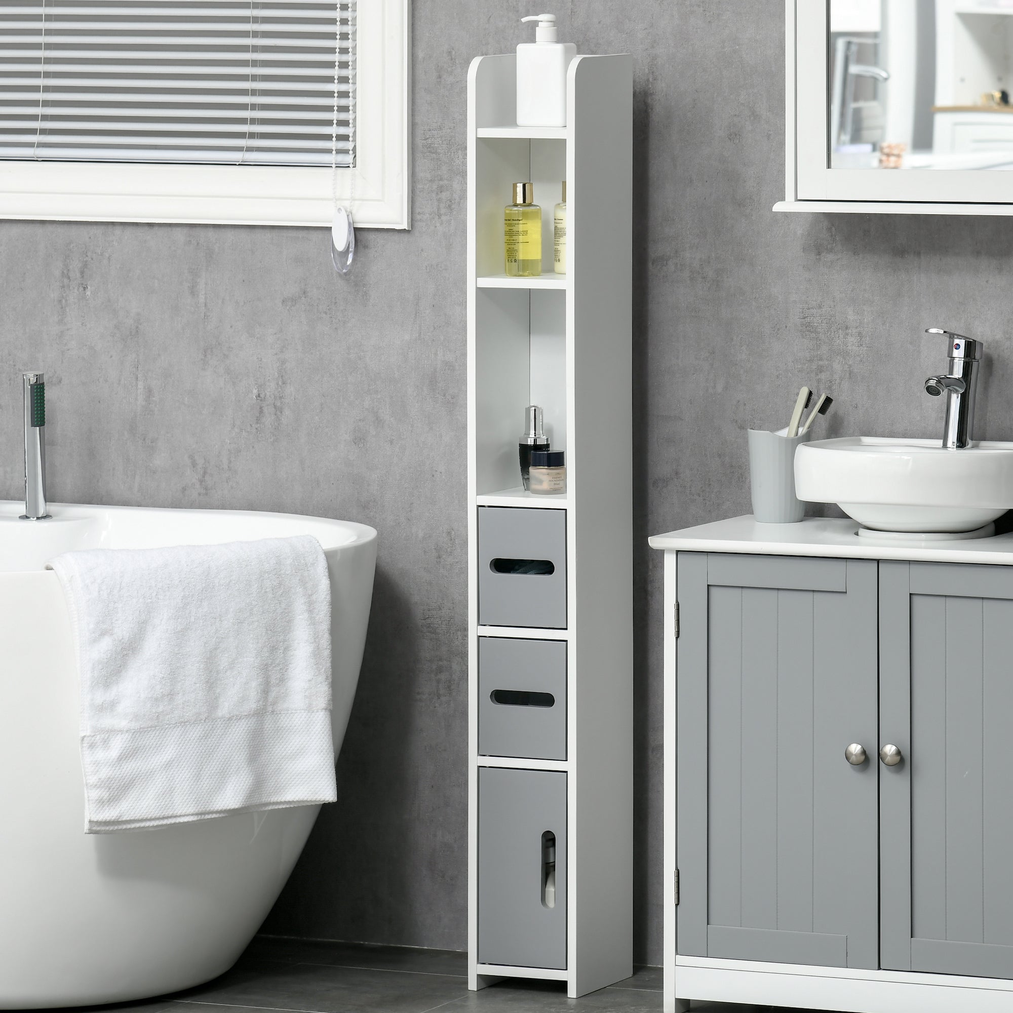 kleankin Bathroom Column with Shelves and Cabinets, Space-Saving Tall Wooden Cabinet 15x17x120cm, White and Grey