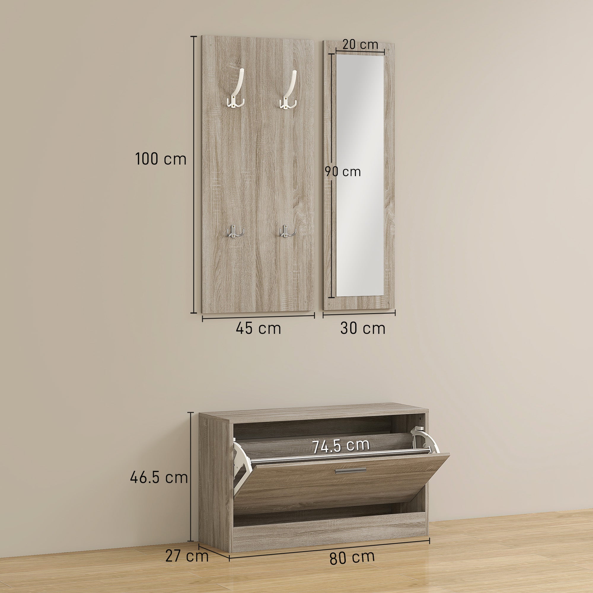 3 Piece Entryway Set with Shoe Rack, Coat Rack and Mirror, in Wood and Glass, Wood and White