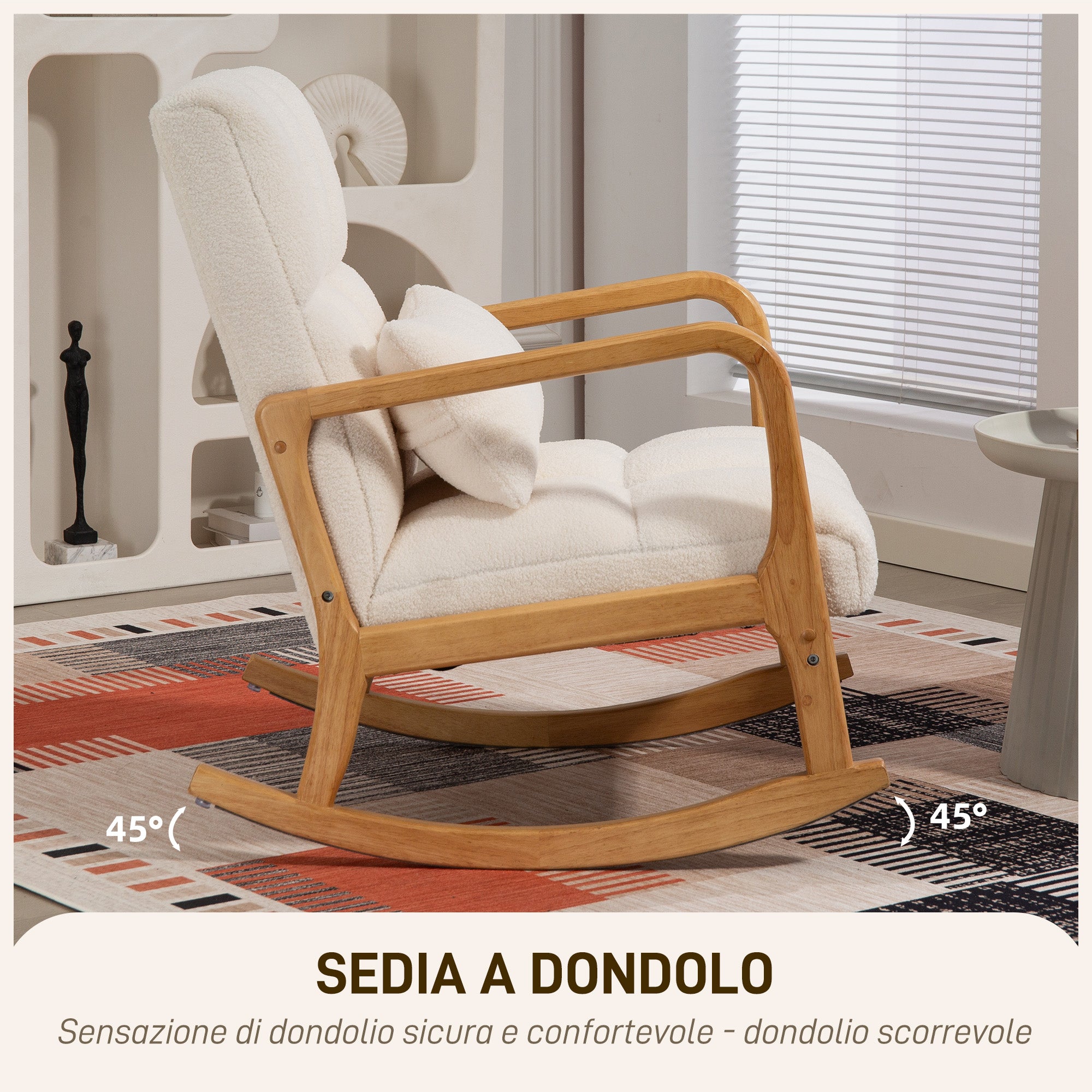 90°-130° Rocking Chair with Lumbar Cushion, Sherpa Fabric Upholstery, 64.5x82x89 cm, White and Wood Color