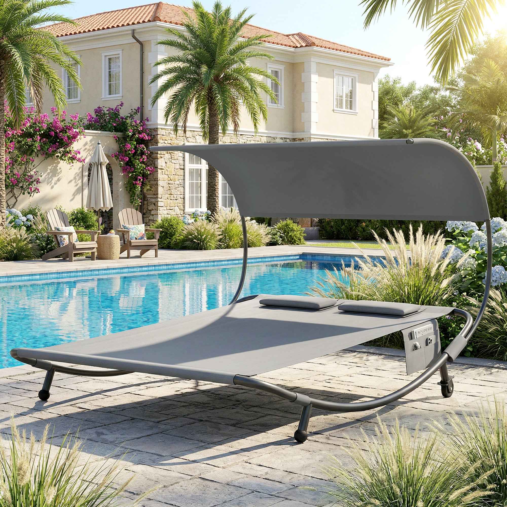 Outsunny Double Sun Lounger with Removable Canopy, Wheels, Cushions and Pockets, Grey