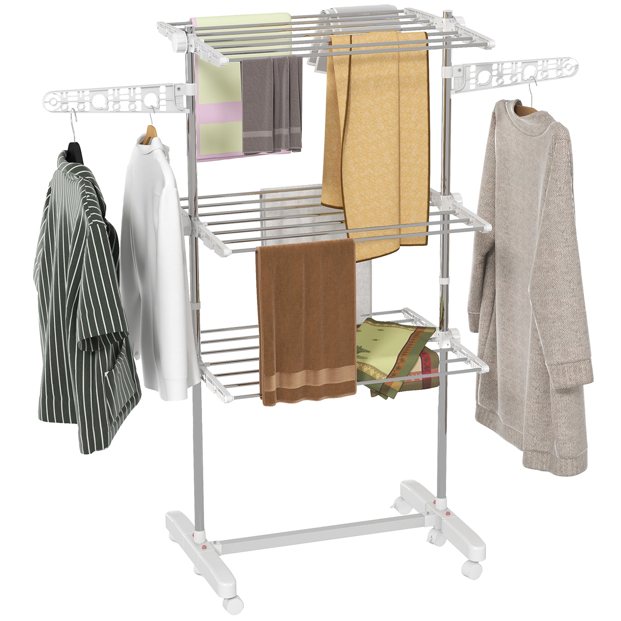 Folding Vertical Clothes Drying Rack in Steel and Plastic with 6 Wheels and 3 Adjustable Shelves, 142x55x172 cm