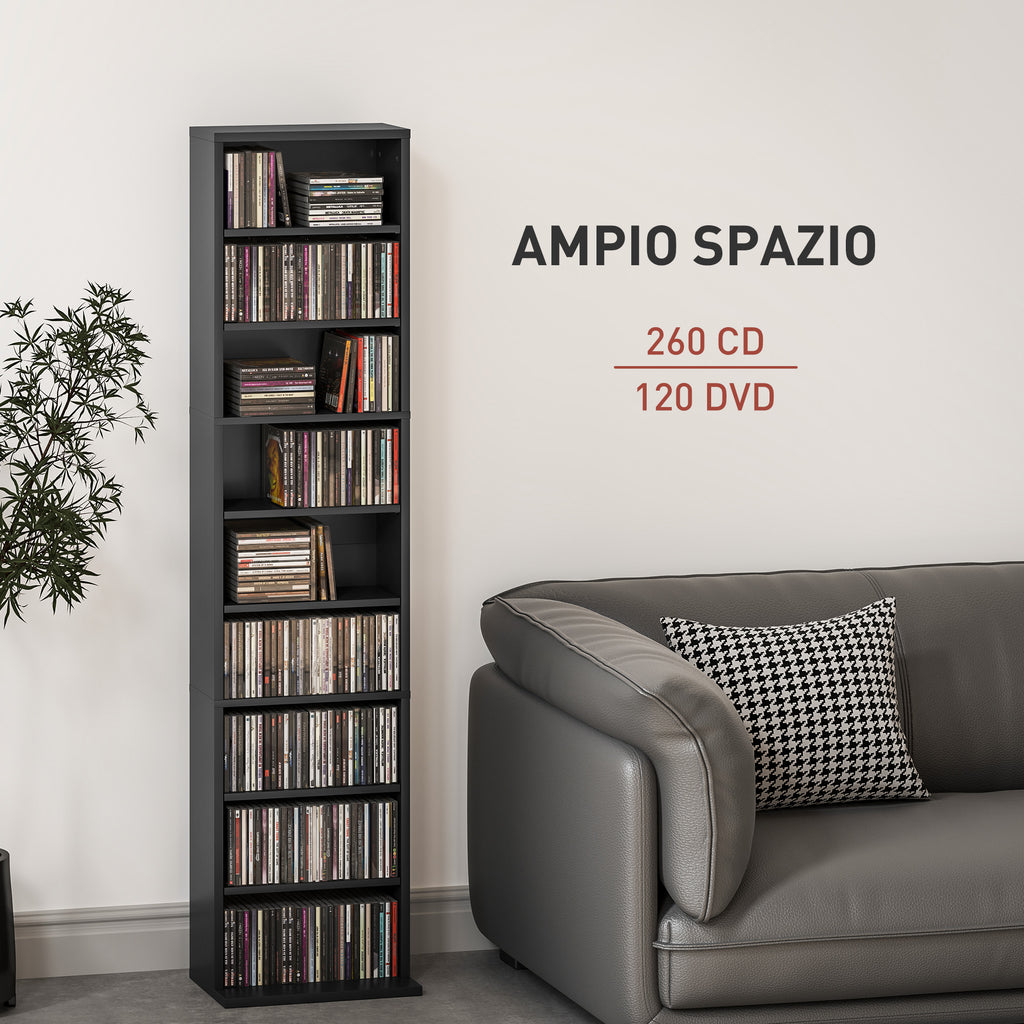 CD Rack with 6 Adjustable Shelves, Capacity of 260 CDs/120 DVDs, 33x24x140 cm, Black
