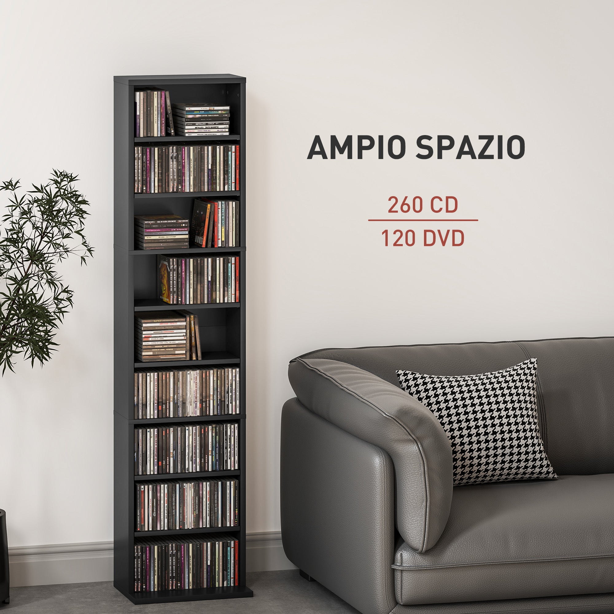 CD Rack with 6 Adjustable Shelves, Capacity of 260 CDs/120 DVDs, 33x24x140 cm, Black