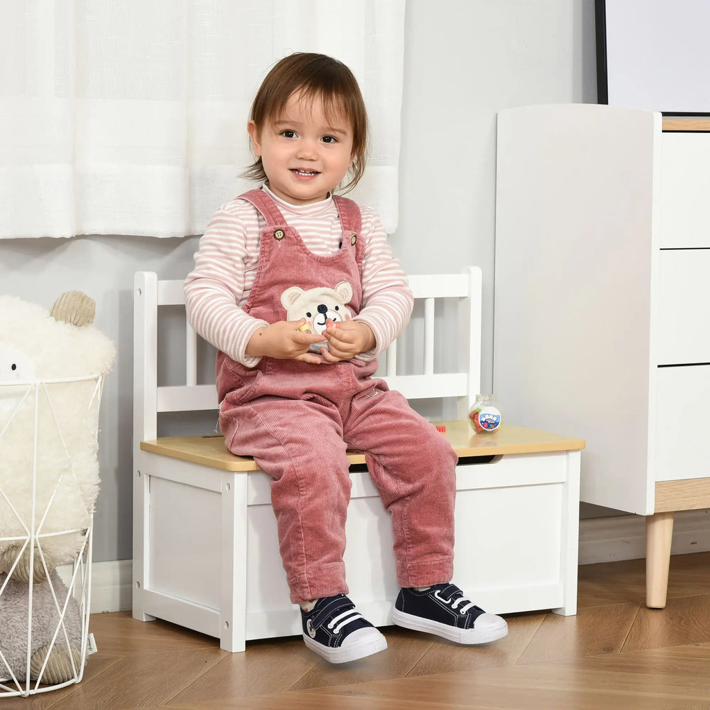 2 in 1 Wooden Children's Storage Chest with Piston for Safe Closing, 60x30x50cm White and Natural Wood