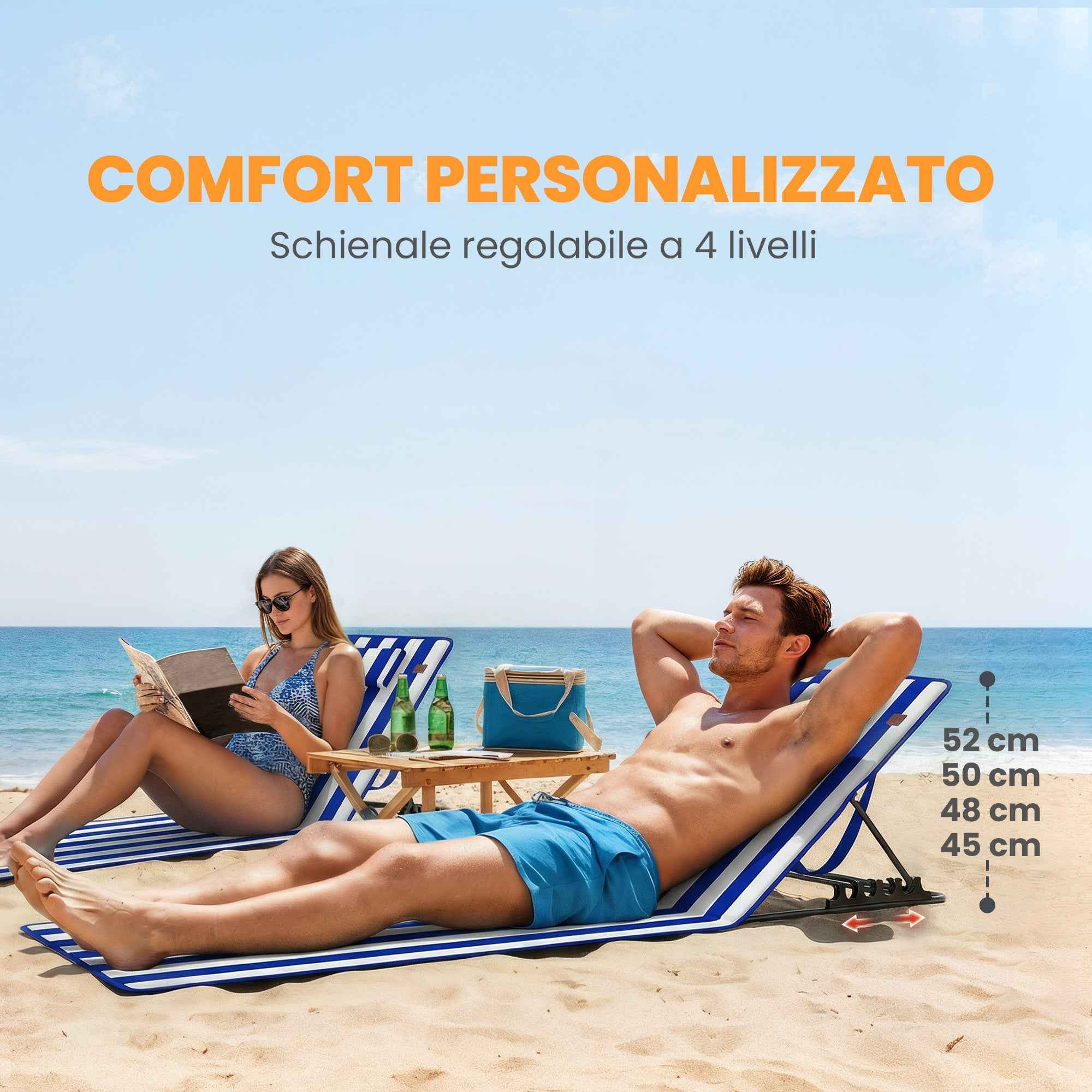 Outsunny Set of 2 Beach Mattresses with 4-Level Adjustable Backrest, in Steel and Polyester, 154x57x52 cm, Blue and White
