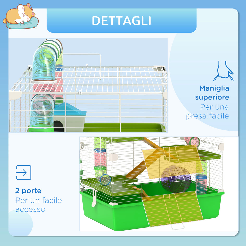 5-Tier Hamster Cage with Tubes, House, Tank and Wheel, Made of Steel, PP and PS, 59x36x69 cm, Green and White