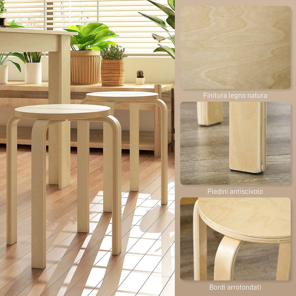Set of 4 Round Modern Stackable Kitchen and Bar Stools in Wood, Ø40x54cm, Wood Color
