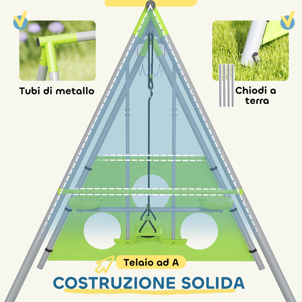 4 in 1 Children's Play Set with 2 Garden Swings, Basketball Hoop and Football Goal, 215x180x182 cm, Green and Grey