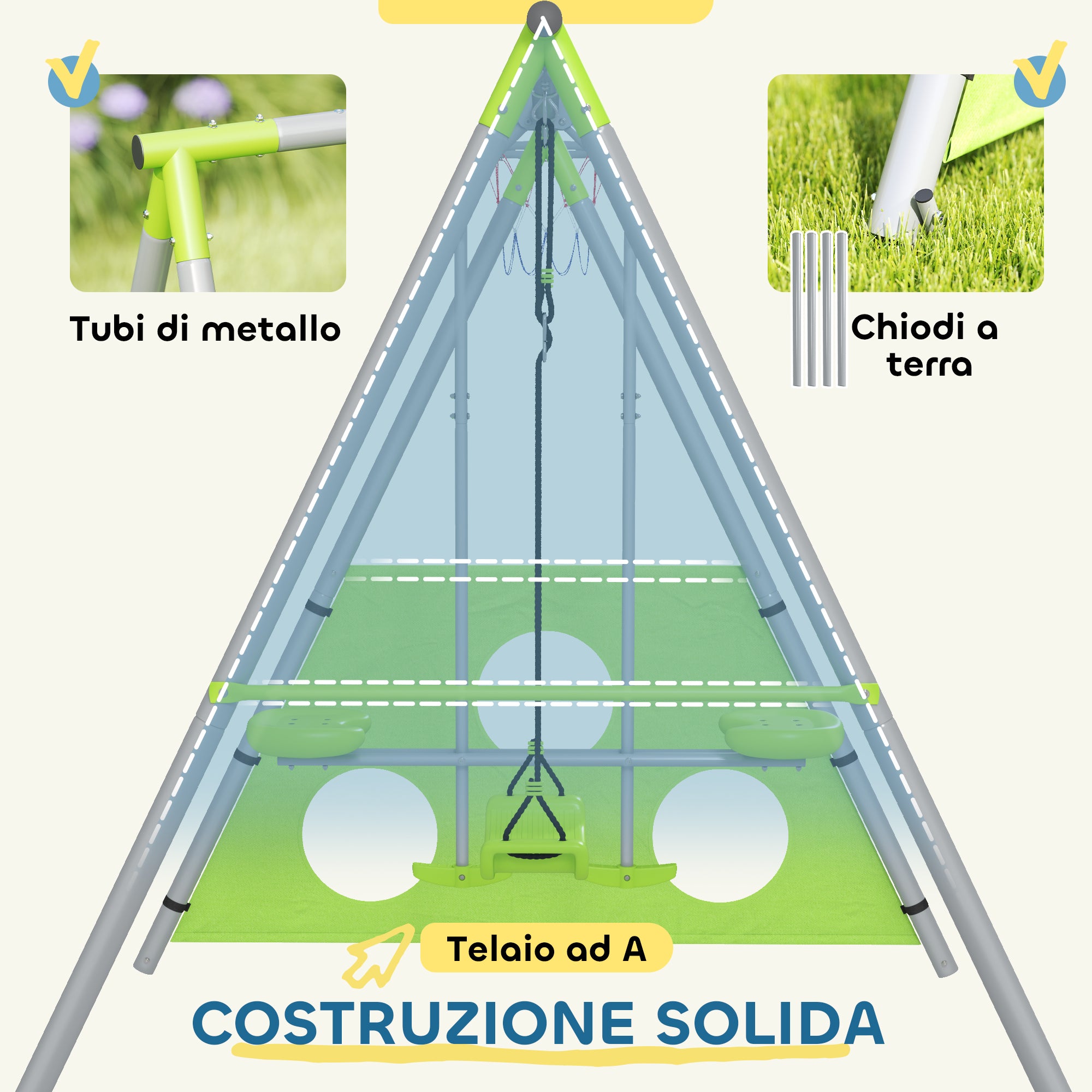 4 in 1 Children's Play Set with 2 Garden Swings, Basketball Hoop and Football Goal, 215x180x182 cm, Green and Grey