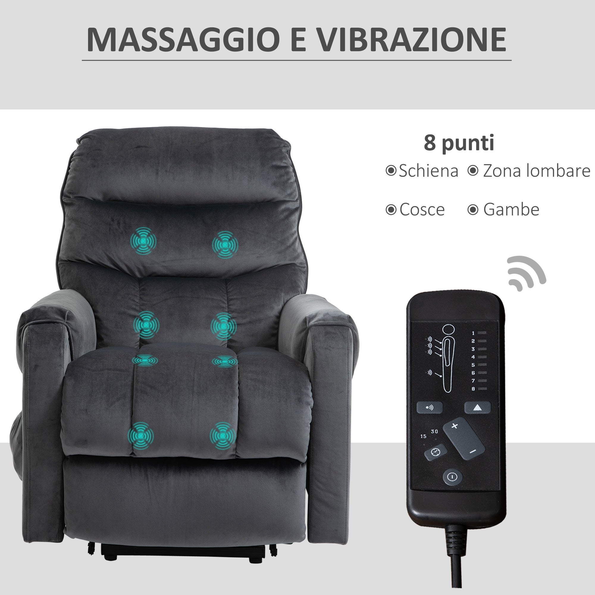 Reclining Relax Chair, 135 ° Massage and Lift with Remote Control, 79x97x103cm, Grey - Borgè