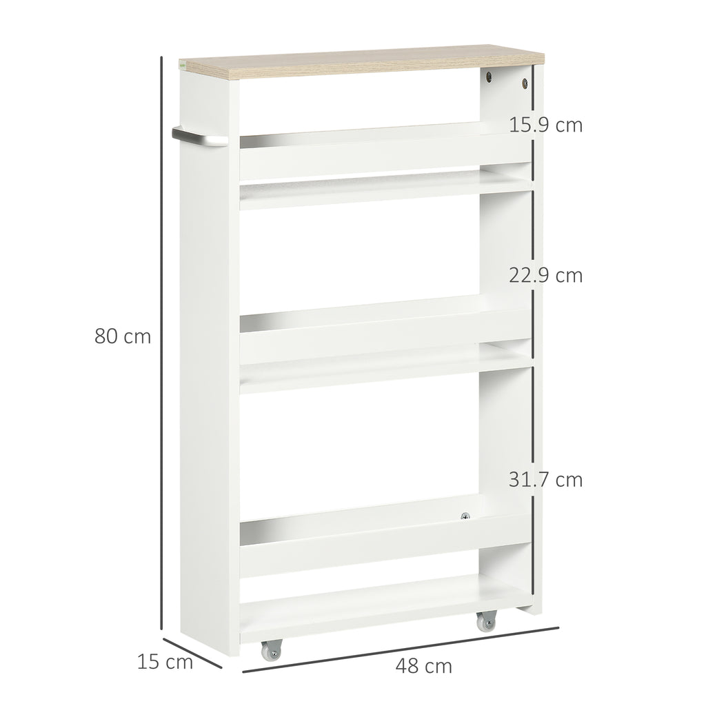 kleankin Space-Saving 3-Tier Bathroom Cart with Wheels and Wooden Handle, 48x15x80cm, White