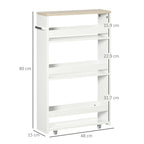 kleankin Space-Saving 3-Tier Bathroom Cart with Wheels and Wooden Handle, 48x15x80cm, White
