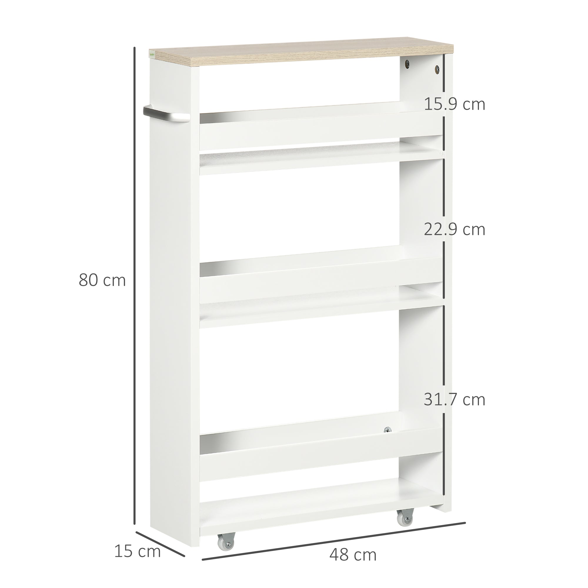 kleankin Space-Saving 3-Tier Bathroom Cart with Wheels and Wooden Handle, 48x15x80cm, White