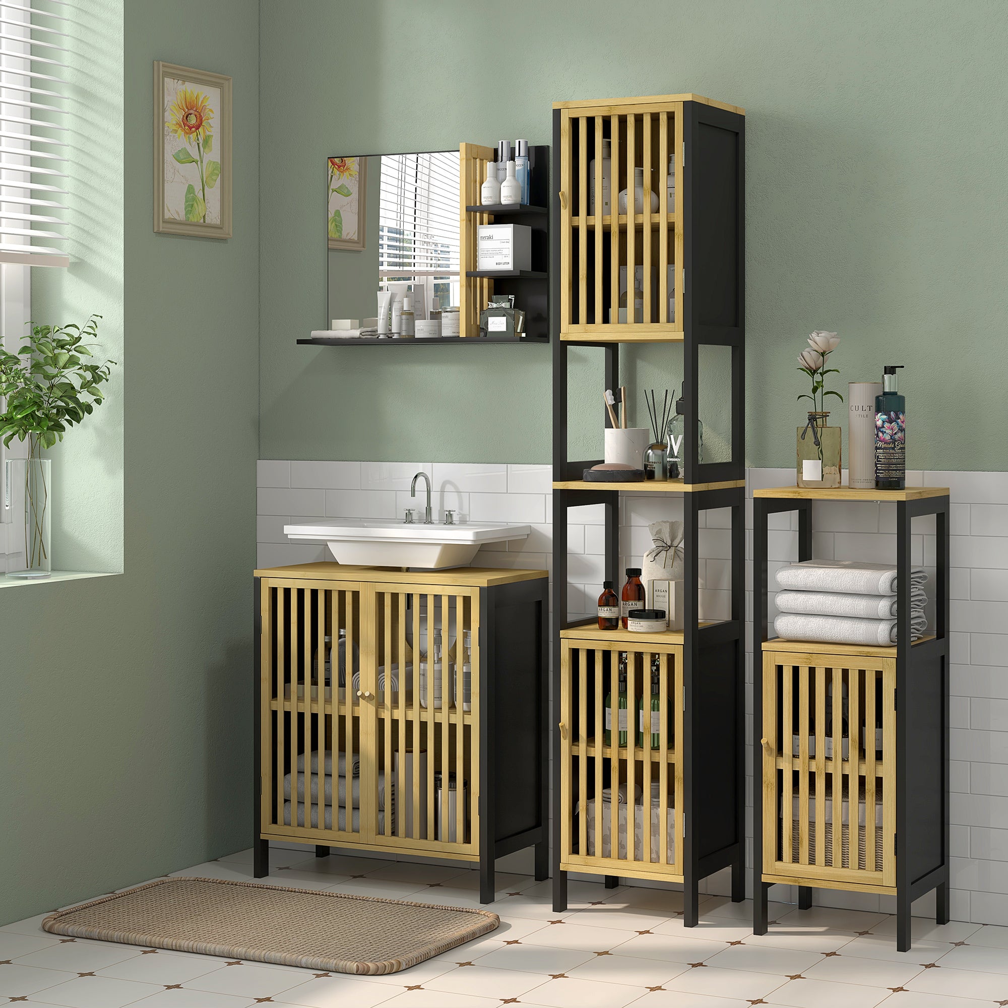 HOMCOM Modern Wall Bathroom Mirror with 4 Wooden Shelves, 45x15x58.5cm, Black - Borgè