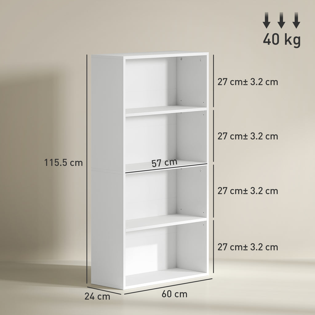 4-Shelf Bookcase Cabinet with 2 Flexible Shelves, in Wood, 60x24x115.5 cm, White