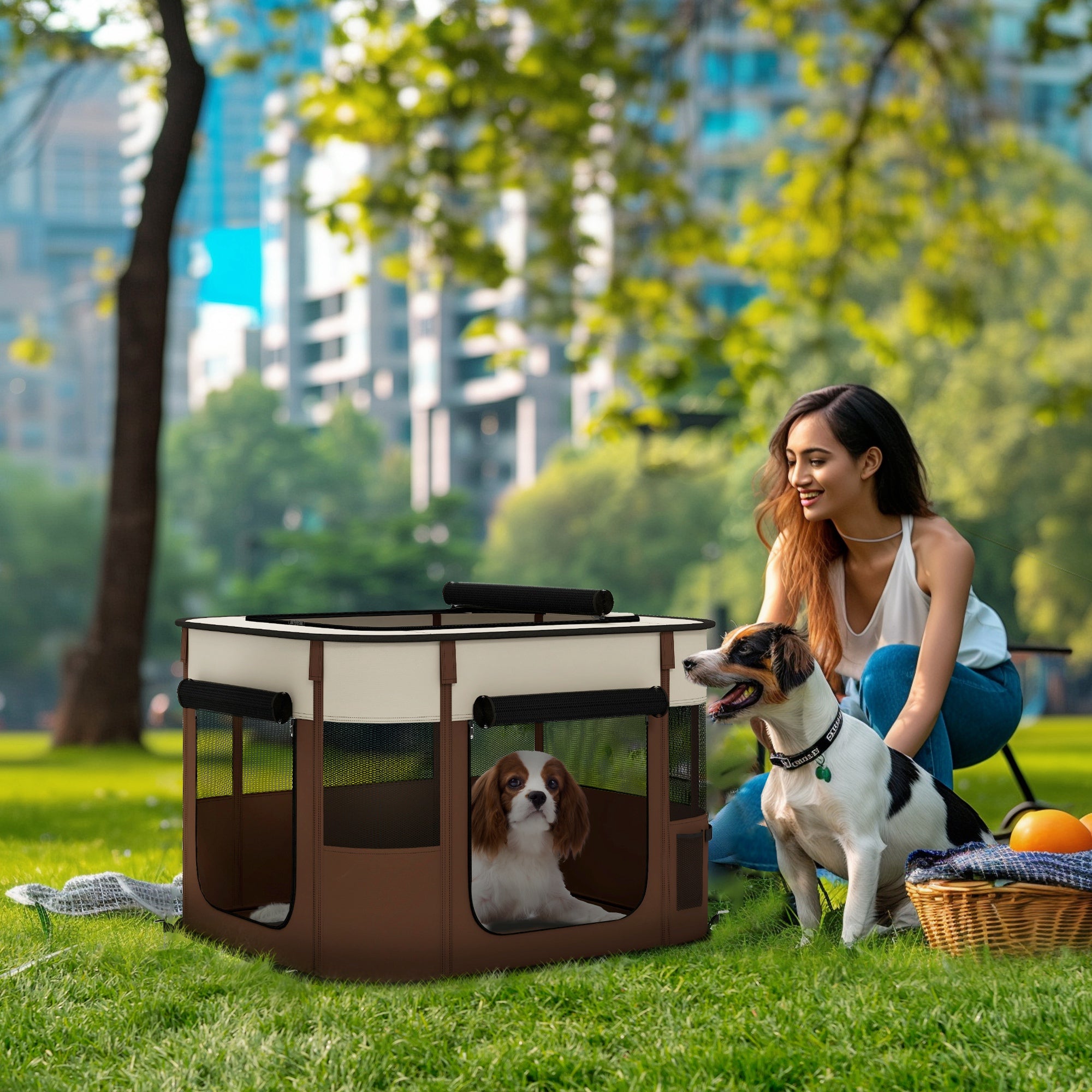 PawHut Pet Playpen with 6 Windows, 3 Doors and 2 Storage Bags, Polyester and Steel, 74x60x45 cm, Brown