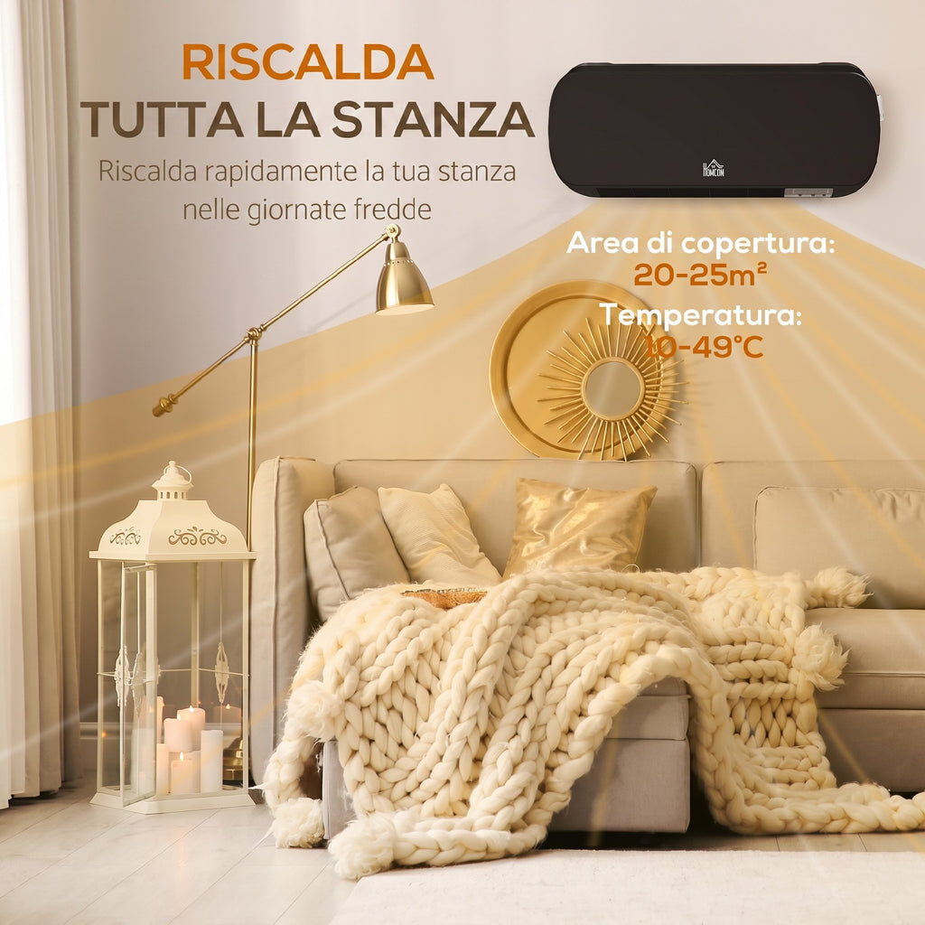 HOMCOM Low-Consumption Wall-Mounted Electric Heater with Remote Control, Adjustable Temperature and 12-Hour Timer, Black