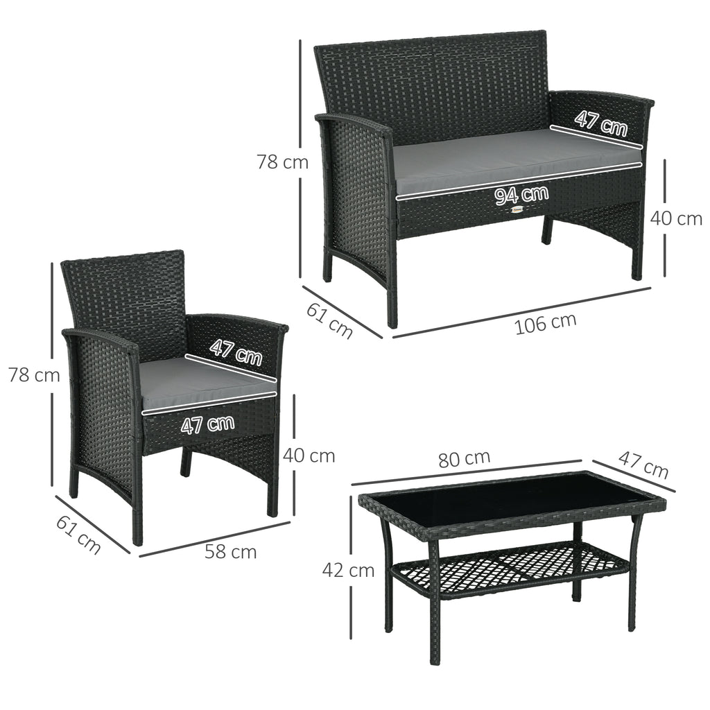 PE Rattan Outdoor Lounge with Sofa, 2 Armchairs with Cushions and Glass Coffee Table, Black and Gray - Borgè
